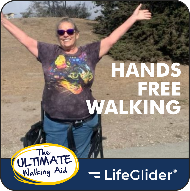 LifeGlider user walking with both hands raised